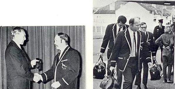 Left: Robbie Barnard gives his Springbok tie to Mr W du Toit Right: Robbie in Australia on the 1971 Springbok tour