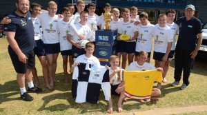 Gary Botha (L) and Ian McIntosh (R) pose with students from Waterkloof high school in Pretoria