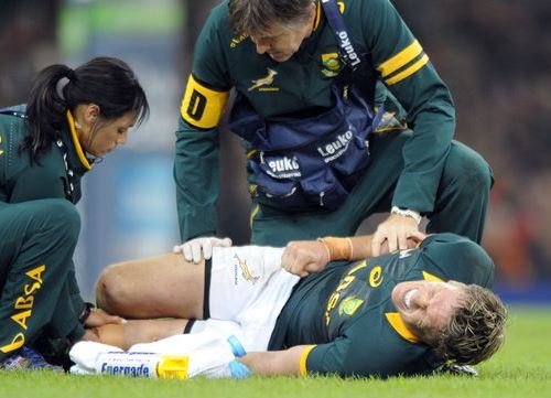 Jean de Villiers, Springbok captain, with knee dislocation injury against Wales in November 2014.