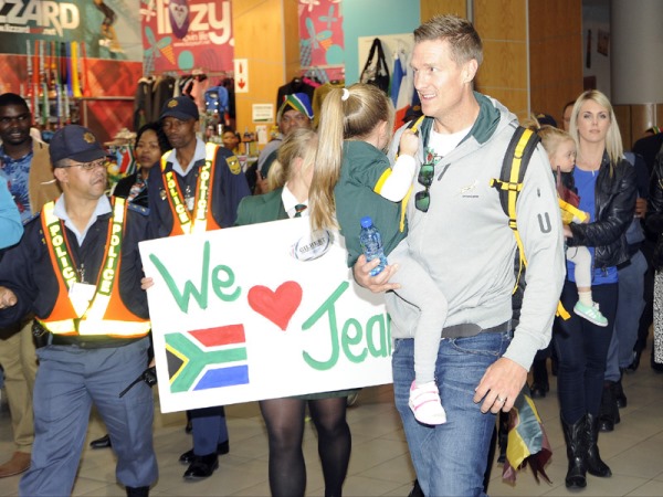Jean de Villiers at Cape Town International Airport upon arrival from the UK
