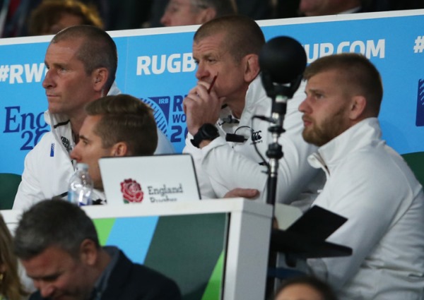 England coaching team, pondering their exit from Rugby World Cup 2015