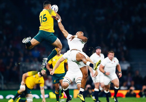 Israel Folau in the air, against England