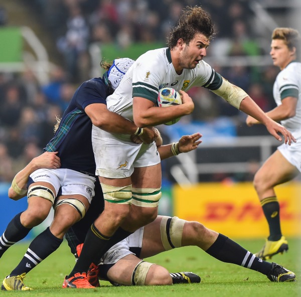 Lood de Jager of South Africa during the RWC match against Scotland on 3 October 2015
