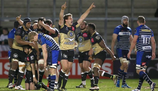 Francois Steyn celebrates Montpellier win over Sale Sharks